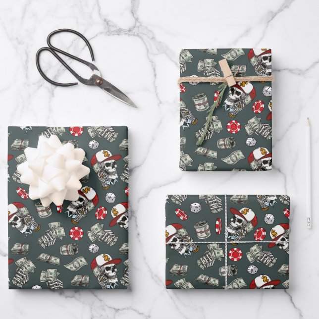 Gambling Dice Poker Chips Skull Pattern Wrapping Paper Sheet (Front)