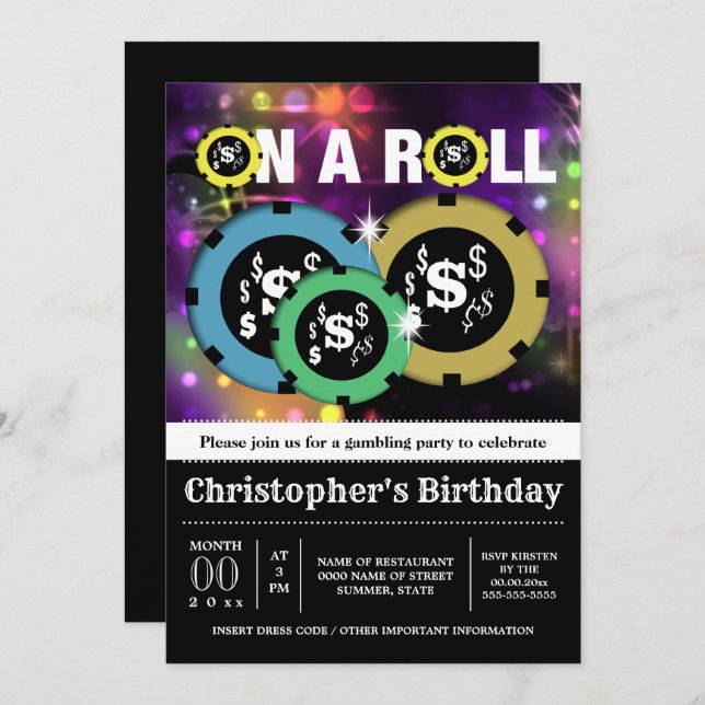 Gambling roulette chips vegas party disco invitation (Front/Back)