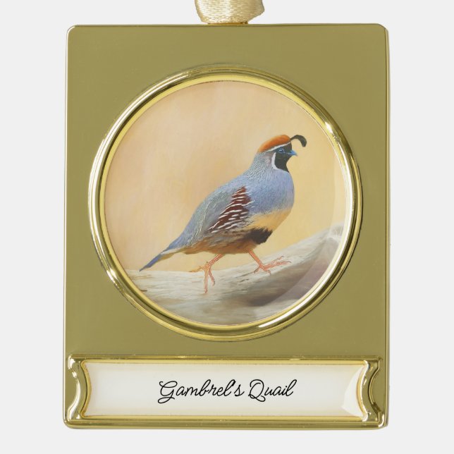 Gambrel's Quail Painting Original Bird Art Gold Plated Banner Ornament (Front)