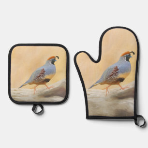 Gambrel's Quail Painting Original Wild Bird Art Oven Mitt & Pot Holder Set