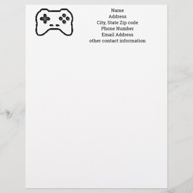 Game Controller Black White 8bit Video Game Style  Custom Letterhead (Front)