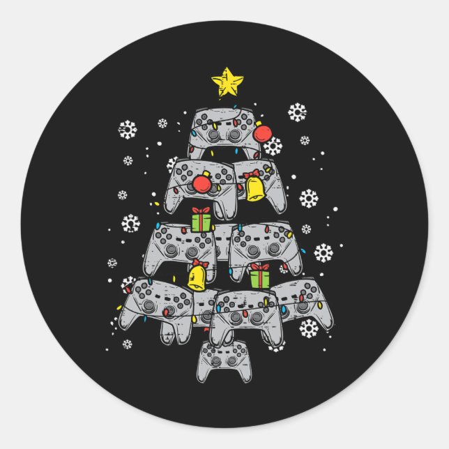 Game Controller Christmas Tree Xmas Boy Men Youth  Classic Round Sticker (Front)