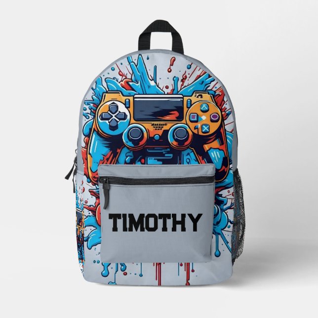 Game Controller with Paint Splatter Personalised  Printed Backpack (Front)