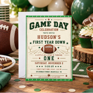 Game Day First Year Down Football 1st Birthday boy Invitation