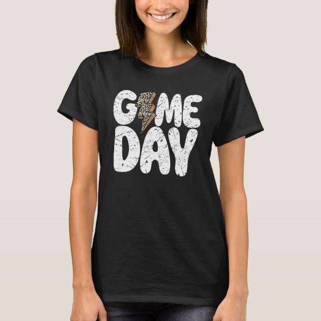 Game Day Leopard Print Lightning Bolt Football Spo T-Shirt (Front)