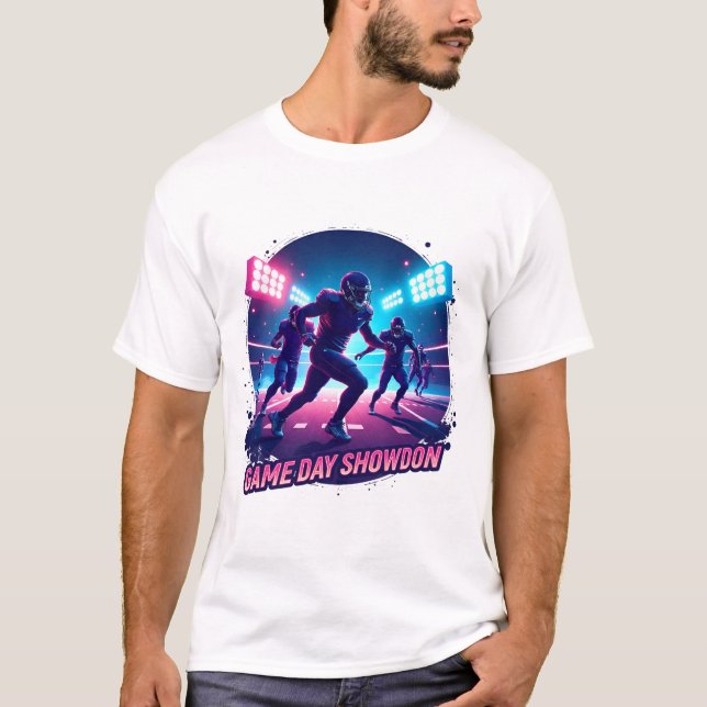 Game Day Showdown – Neon Football Action Graphic T-Shirt (Front)