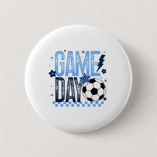 Game Day Soccer Season Retro Light Blue Chequered  6 Cm Round Badge