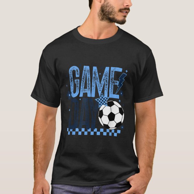 Game Day Soccer Season Retro Light Blue Chequered  T-Shirt (Front)