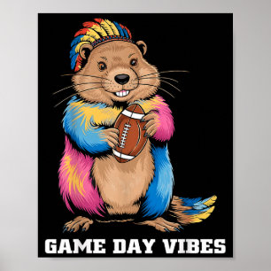 Game Day Vibes Tribal Groundhog Holding Football F Poster