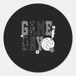 Game Day Volleyball Checkered Funny Volleyball Classic Round Sticker