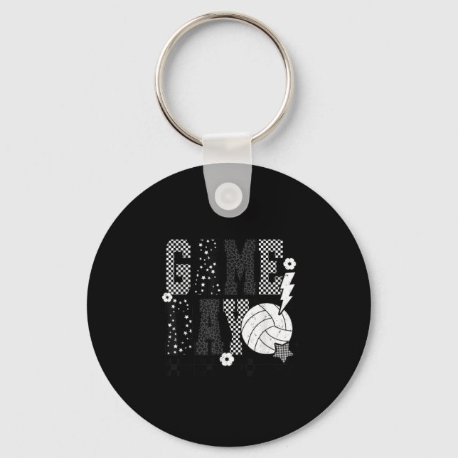 Game Day Volleyball Chequered Funny Volleyball  Key Ring (Front)
