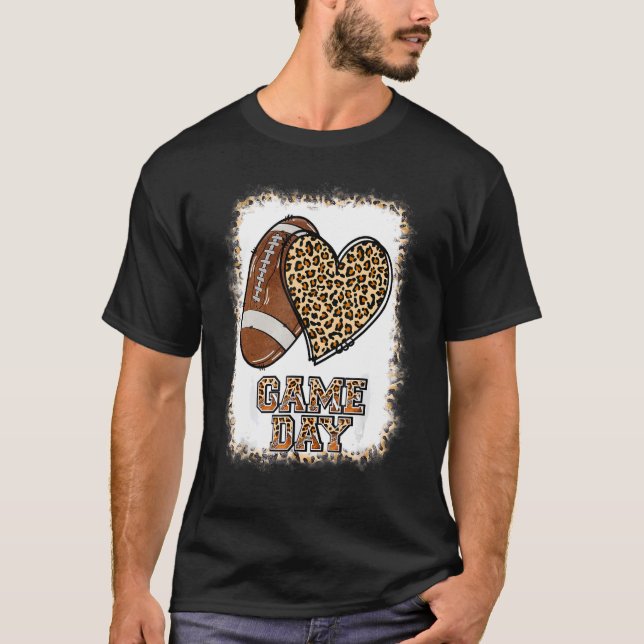 Game Day With Leopard Heart Football  Mum Bleached T-Shirt (Front)