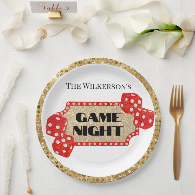 Game Night Glitter Marquee Sign Paper Plate (Wedding)