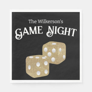 Game Night Gold Glitter Dice on Black Napkin