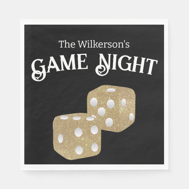 Game Night Gold Glitter Dice on Black Napkin (Front)