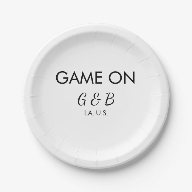 Game on add couple name wedding party place city g paper plate (Front)