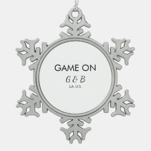 Game on add couple name wedding party place city g snowflake pewter christmas ornament