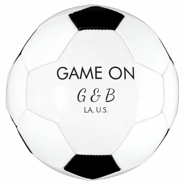 Game on add couple name wedding party place city g soccer ball (Front)