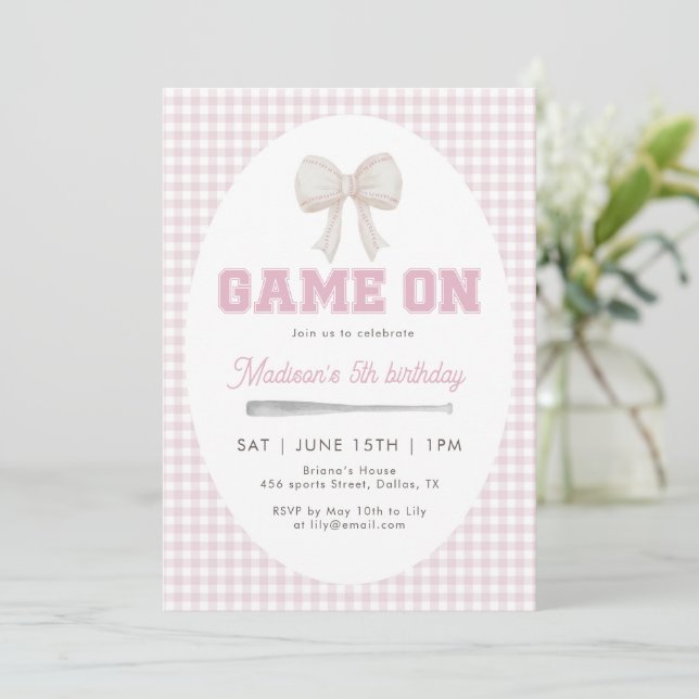 Game On Baseball Bow Pink Gingham Preppy 5th  Invitation (Standing Front)