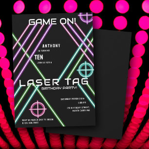  Game On Colorful Neon Laser Tag Birthday Invitation