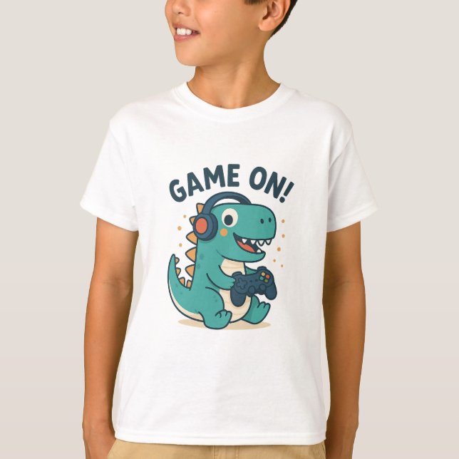 Game On! Cool Gamer Dinosaur Kids T-Shirt (Front)