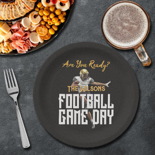 Game On Football Player on Black Paper Plate