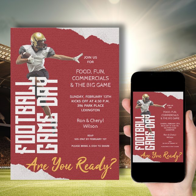 Game On Football Player on Red Invitation (American Football Player on Red Bowl Game Invitations - order INSTANT DOWNLOAD, PRINTED or both!)