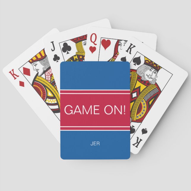 GAME ON Funny Quote Cute Custom Monogram Blue Red Playing Cards (Back)