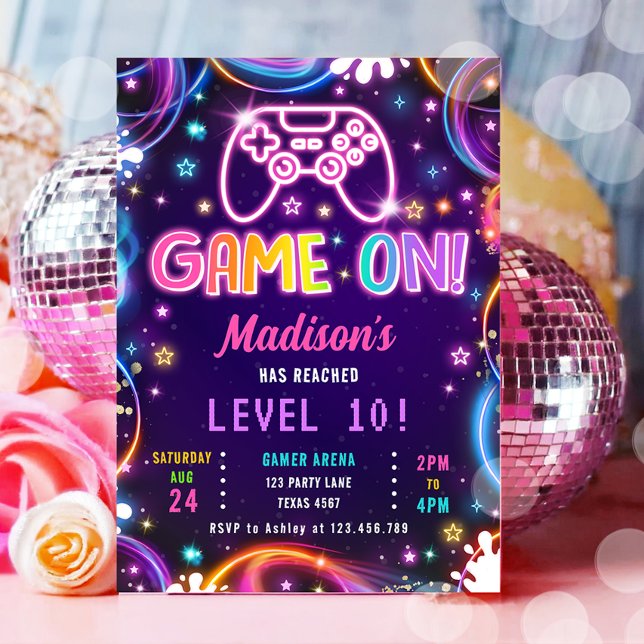 Game On Gamer Video Games Neon Glow Girl Birthday Invitation (Creator Uploaded)