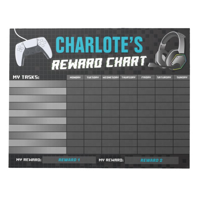 Game On Gaming Neon Blue Reward Chart Personalised Notepad (Front)