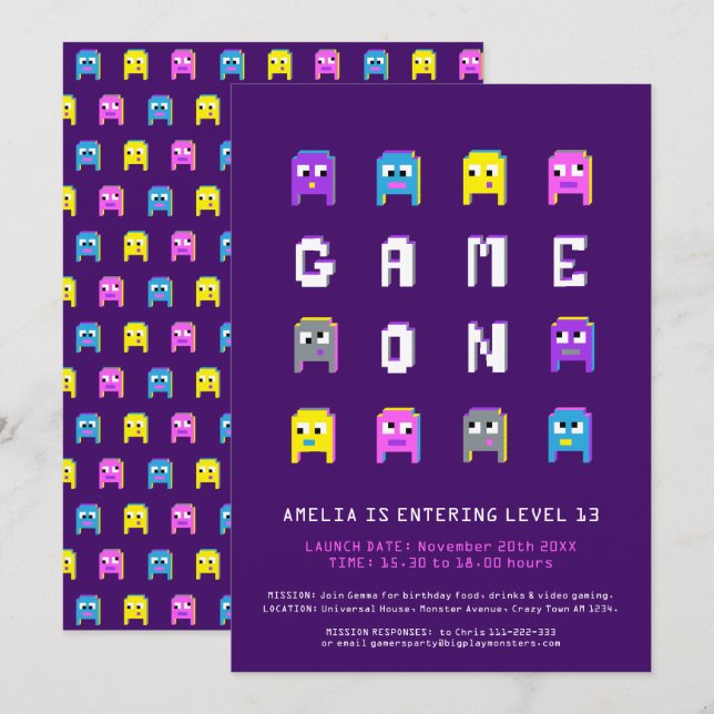 Game on girls video gaming 13th birthday party invitation (Front/Back)