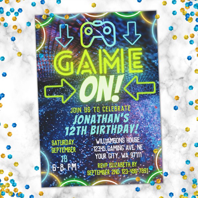 Game On Neon Glow Video Game Gaming Birthday Party Invitation (Creator Uploaded)