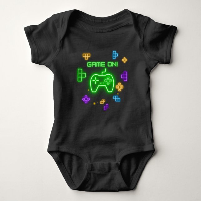 Game on neon green, blue, & yellow gamer baby bodysuit (Front)