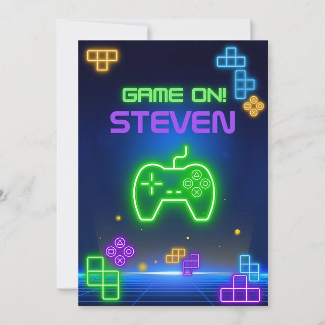 Game on neon green, blue, yellow gamer Invitation (Front)