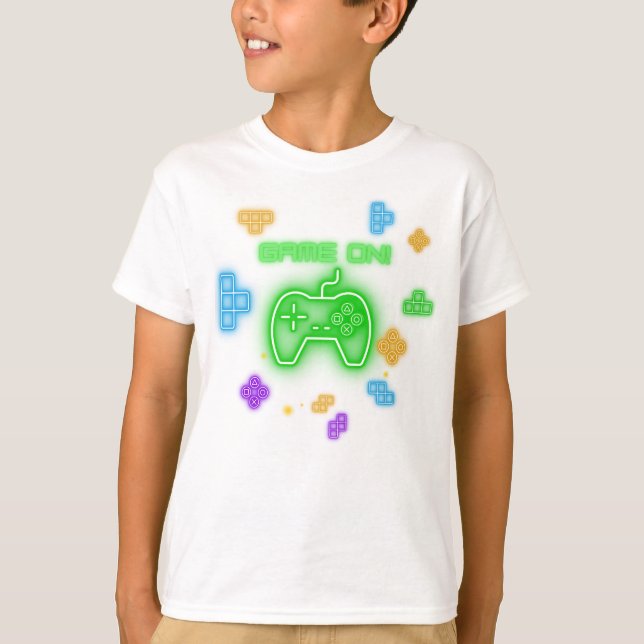 Game on neon green, blue, & yellow gamer T-Shirt (Front)