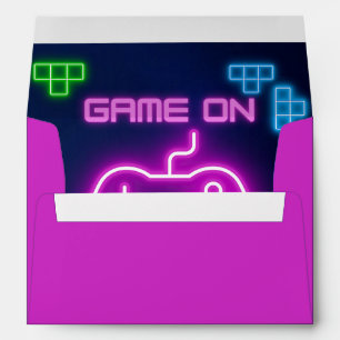 Game on neon pink, and blue envelope