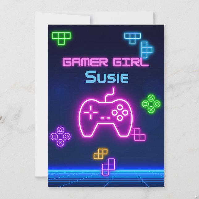 Game on neon pink, blue, yellow gamer Invitation (Front)