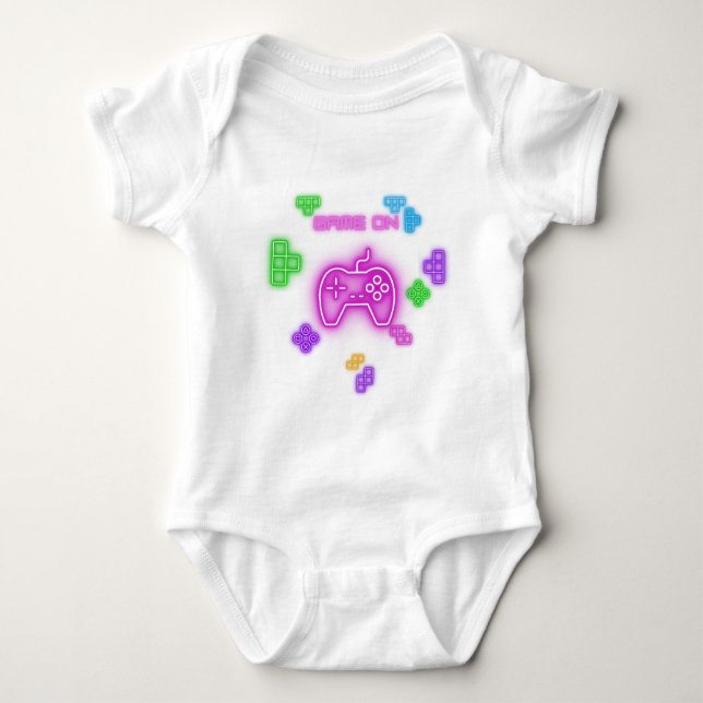 Game on neon, pink, green, blue, & gamer baby  bodysuit (Front)