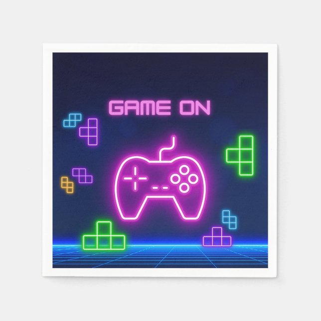 Game on neon pink, green & purple video gamer napkin (Front)