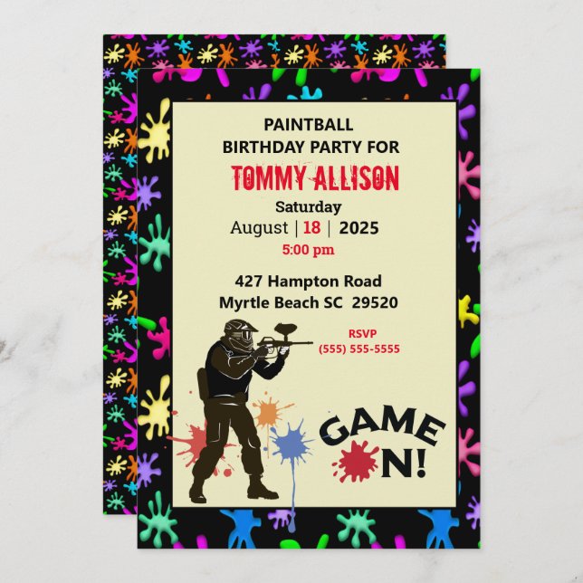 Game On Paintball Birthday Party Invitation (Front/Back)