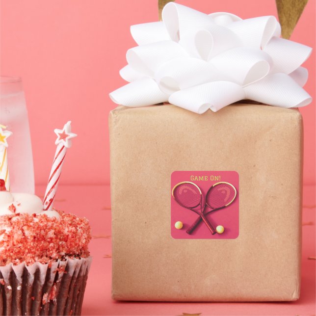 "Game On" Pink  Rackets and Balls Tennis Square Sticker (Party)