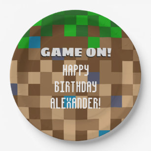 Game On Pixelated Grass Block Gaming Birthday Paper Plate