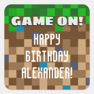 Game On Pixelated Grass Block Gaming Birthday Square Sticker
