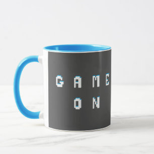 Game on retro pixel style text graphic mug