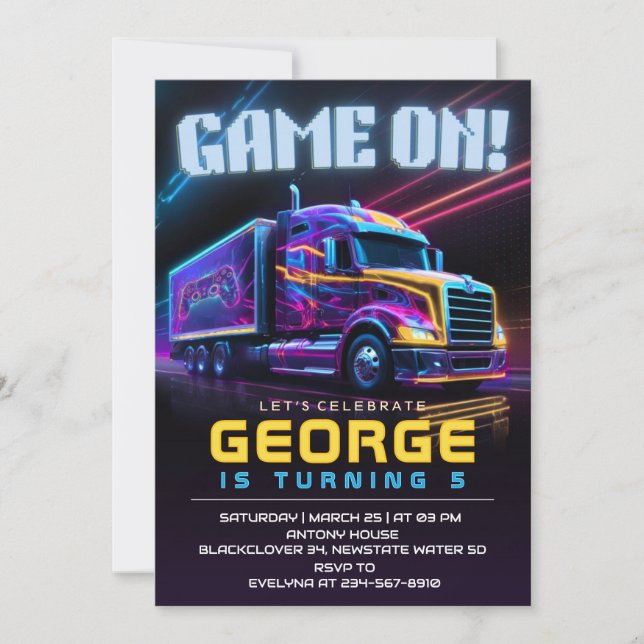 Game on Truck Birthday Party Invitation (Front)