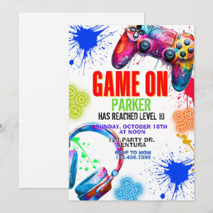 Game on, Video game party, Boy birthday, arcade Invitation