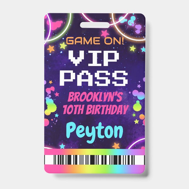 Game On VIP Pass for Girls Arcade Party ID Badge (Front)