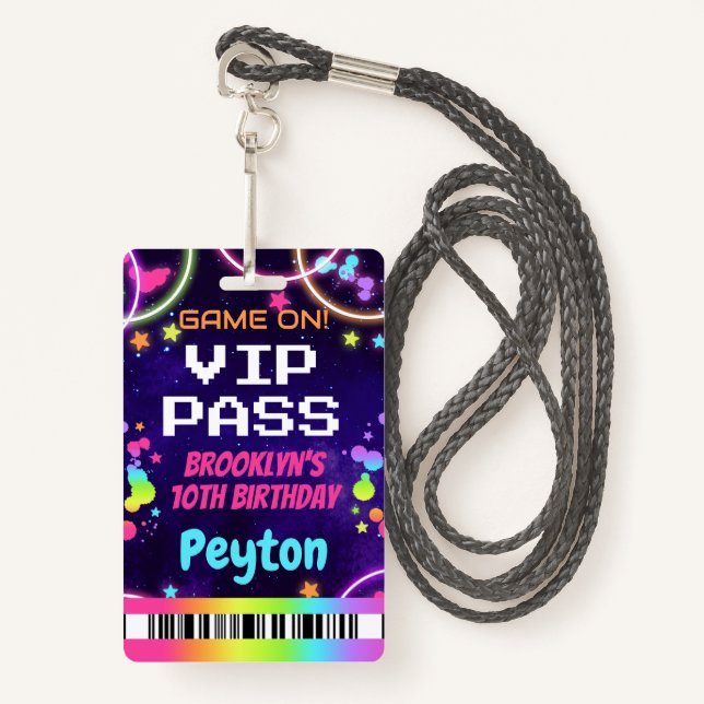 Game On VIP Pass for Girls Arcade Party ID Badge (Front with Lanyard)