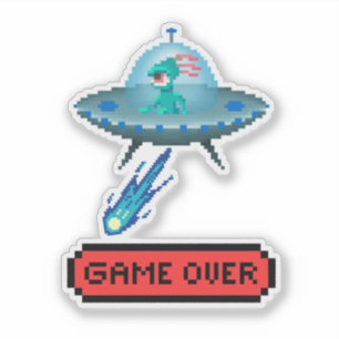 'Game Over' Alien Flying UFO Spaceship, Pixel Art