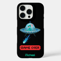 'Game Over' Alien Flying UFO Spaceship, Pixel Art